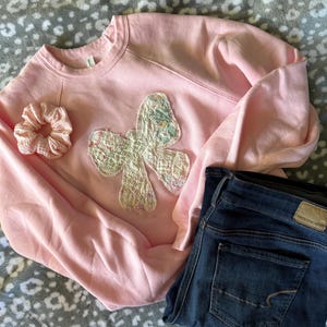 Pink Patchwork Bow Sweatshirt: Handmade Cottagecore Crewneck
