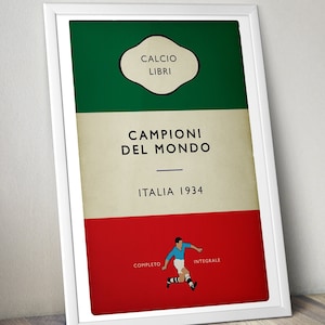 May include: A vintage-style book cover illustration featuring a soccer player in a blue jersey running with the ball. The cover is green, white, and red, with the text "CALCIO LIBRI CAMPIONI DEL MONDO ITALIA 1934 COMPLETO INTEGRALE".