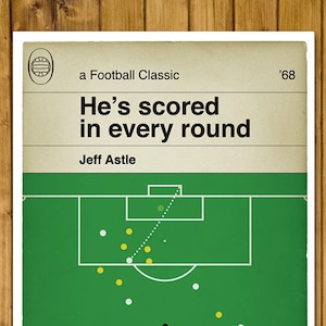 May include: A green and white football field with a black dot in the center. The text "He's scored in every round" is at the top of the image. The text "Jeff Astle" is below the text "He's scored in every round". The text "a Football Classic '68" is at the top of the image.