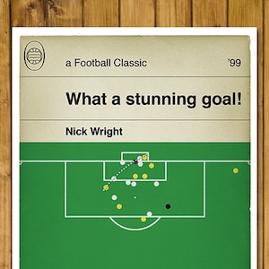 May include: A green football field with white lines and a black circle in the center. The text "What a stunning goal!" is at the top of the image, and "Nick Wright" is below it. There are yellow and white circles scattered around the field, and a dotted line shows the path of the ball.