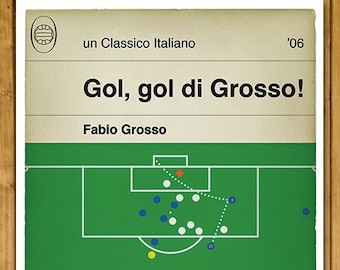 May include: A green and white illustration of a soccer field with players in blue and white uniforms. The text "Gol, gol di Grosso!" and "Fabio Grosso" is displayed above the field. The text "un Classico Italiano" and "'06" is displayed at the top of the image.