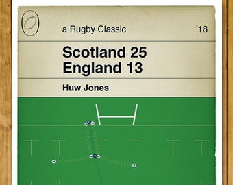 Póster de rugby - Escocia 25 - Inglaterra 13 - Segundo try de Huw Jones - Seis Naciones 2018 - Póster clásico con portada de libro - Regalo de rugby (varios tamaños)