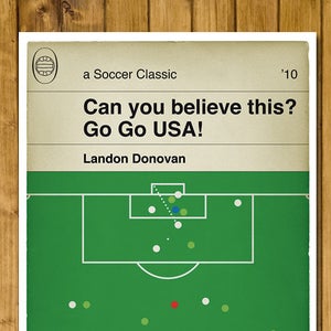 May include: A green football pitch with white lines and a red circle in the centre. The text 'Can you believe this? Go Go USA!' is at the top of the image. The text 'Landon Donovan' is below the pitch. The text 'a Soccer Classic '10' is at the top of the image.