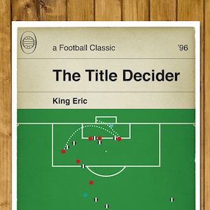 May include: A green and white illustration of a soccer field with red and black circles representing players. The title "The Title Decider" and "King Eric" are printed above the field. The year "'96" is printed in the top right corner.