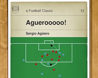 Manchester City goal v QPR - Sergio Aguero Poster - Classic Book Cover Print - Football Gift (Various Sizes)