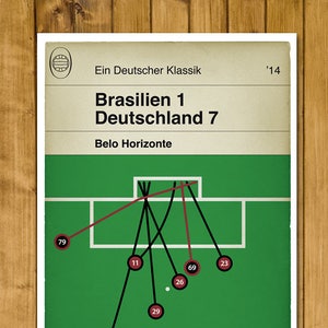 May include: A green and white soccer field with a red and black line diagram showing the positions of players during a game. The text "Ein Deutscher Klassik" is at the top of the image, along with the text "Brasilien 1 Deutschland 7" and "Belo Horizonte". The year '14 is also included.