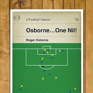 Roger Osborne FA Cup winning goal for Ipswich Town in 1978 against Arsenal illustrated with coloured dots to show player positions. The print looks like a classic book cover with the title of the book being the television commentary of the goal.