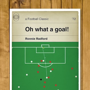 May include: A green and white football field with a black and white soccer ball in the center. The text "Oh what a goal!" is at the top of the image, with the text "Ronnie Radford" below it. The text "a Football Classic '72" is at the top right corner of the image.
