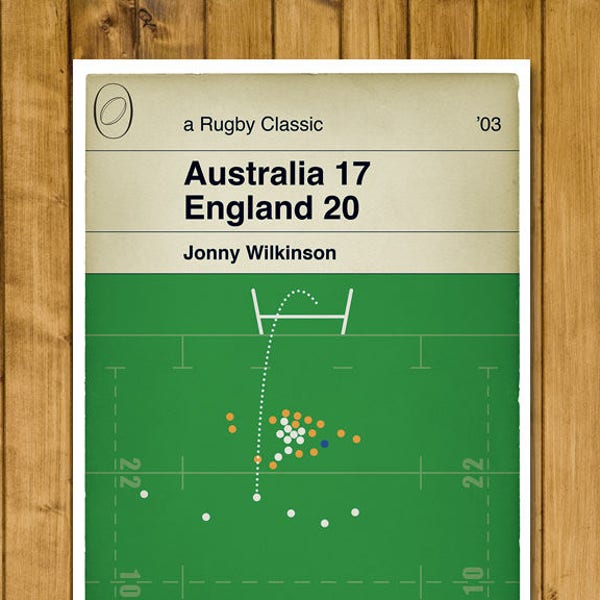 Poster de rugby - Drop goal de Jonny Wilkinson - Edition Scoreline - Angleterre v Australie - Finale de la Coupe du monde 2003 - Couverture de livre imprimée (différentes tailles)