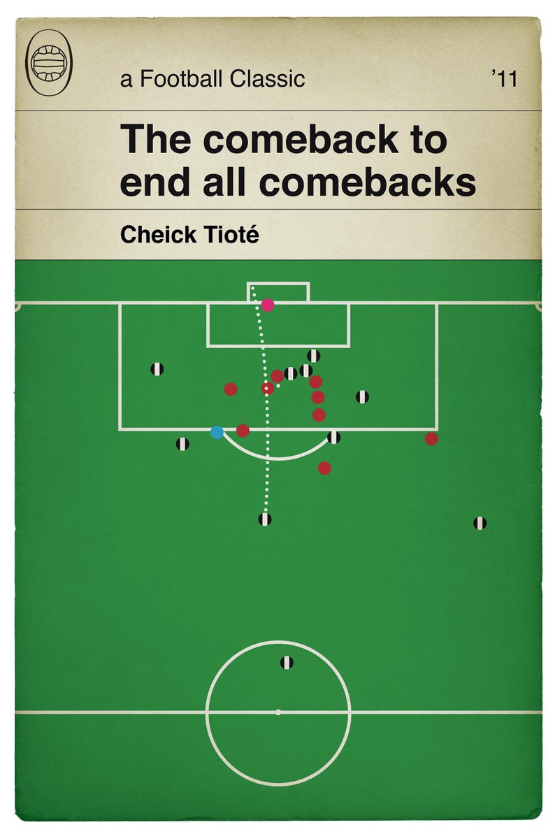 May include: A green soccer field with a white center circle and lines. The field shows the positions of players during a game. The text "The comeback to end all comebacks" and "Cheick Tiot&eacute;" are at the top of the image. The text "'11" is at the top right of the image.