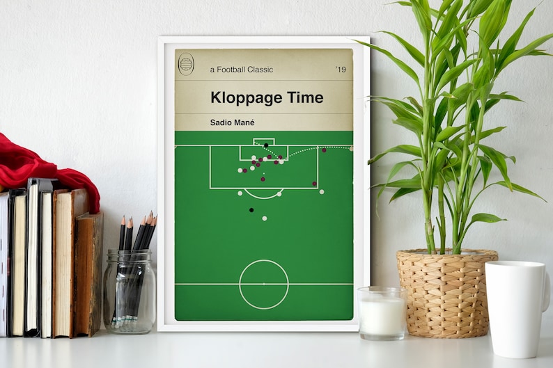 Liverpool winner against Aston Villa illustrated as a classic book cover. The goal is shown with coloured circles to depict players positions on the pitch. The title of the book is Kloppage Time and the author of the book is the scorer Sadio Mane.