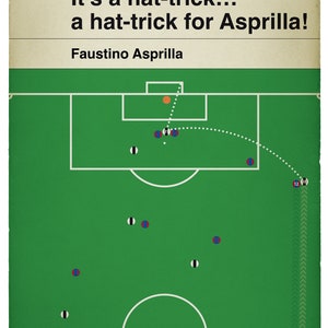 May include: A green soccer field with white lines and a soccer ball in the center. The ball is being kicked by a player wearing a blue and white jersey. The text "It's a hat-trick... a hat-trick for Asprilla!" is at the top of the image. The text "Faustino Asprilla" is below the image. The text "'97" is in the top right corner of the image.