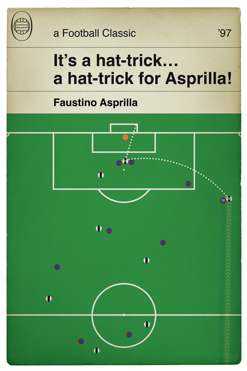 May include: A green soccer field with white lines and a soccer ball in the center. The ball is being kicked by a player wearing a blue and white jersey. The text "It's a hat-trick... a hat-trick for Asprilla!" is at the top of the image. The text "Faustino Asprilla" is below the image. The text "'97" is in the top right corner of the image.