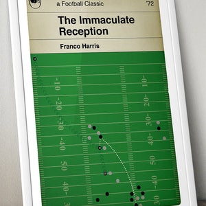 May include: A green and white illustration of a football field with a white dotted line showing the path of a football play. The text "The Immaculate Reception" and "Franco Harris" are at the top of the image. The text "'72" is at the top right of the image.