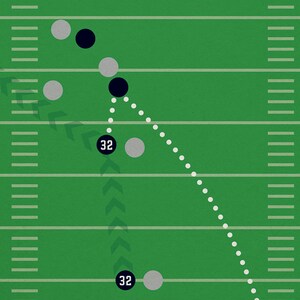 May include: A football field with a white football and a black football player running with the ball. The football player is wearing the number 32 on their jersey. The football player is running towards the right side of the field.