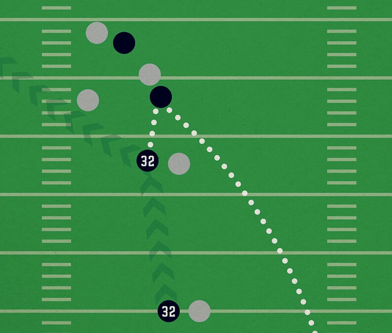 May include: A football field with a white football and a black football player running with the ball. The football player is wearing the number 32 on their jersey. The football player is running towards the right side of the field.
