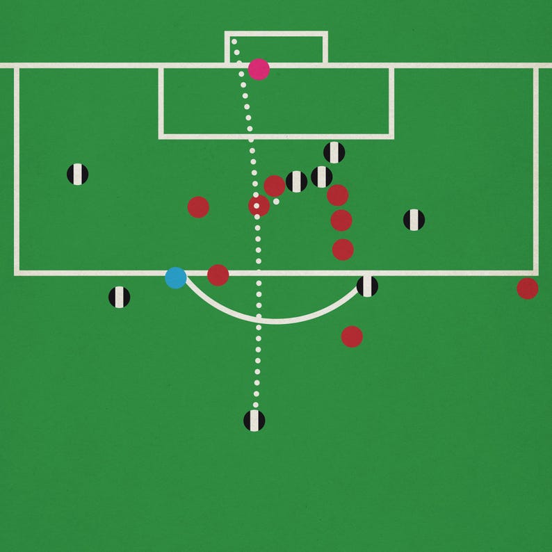 May include: A soccer field with a white line down the middle and a white semi-circle on the bottom. There are red and black soccer balls on the field. There is a blue soccer ball in the semi-circle. There is a pink soccer ball in the goal.