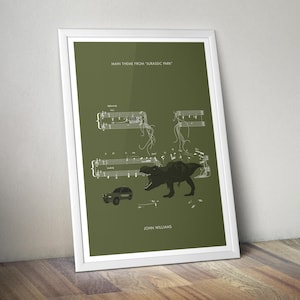 May include: A green poster with the sheet music for the main theme from "Jurassic Park" by John Williams. The music features a Tyrannosaurus Rex and a Jeep.