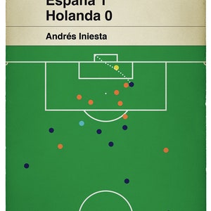 May include: A green football pitch with white lines and a white circle in the centre. There are orange, blue and yellow circles on the pitch, representing players. The text "Espa&ntilde;a 1 Holanda 0" is at the top of the image, and the text "Andr&eacute;s Iniesta" is below it.