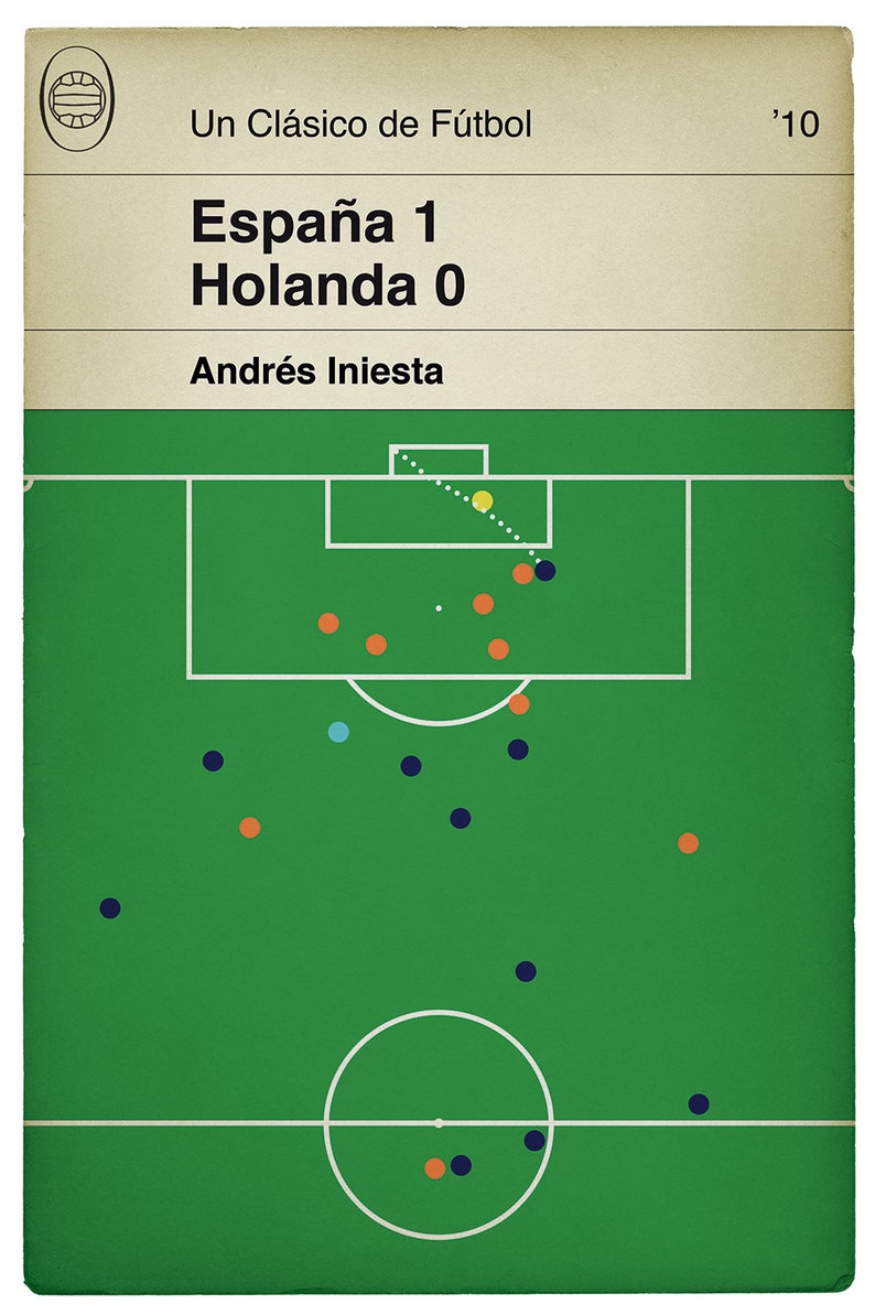 May include: A green football pitch with white lines and a white circle in the centre. There are orange, blue and yellow circles on the pitch, representing players. The text "Espa&ntilde;a 1 Holanda 0" is at the top of the image, and the text "Andr&eacute;s Iniesta" is below it.
