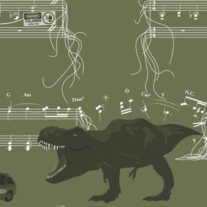 May include: A green and white illustration of a Tyrannosaurus Rex dinosaur with musical notes and sheet music in the background. The text "DANGER 10,000 VOLTS" is visible in the upper left corner of the image.
