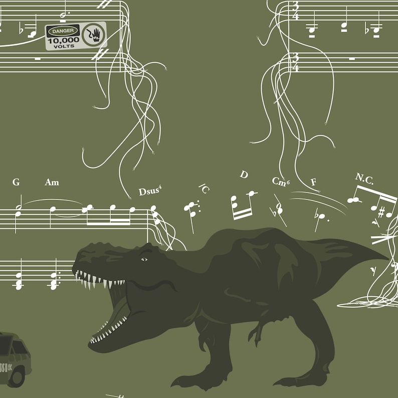 May include: A green and white illustration of a Tyrannosaurus Rex dinosaur with musical notes and sheet music in the background. The text "DANGER 10,000 VOLTS" is visible in the upper left corner of the image.