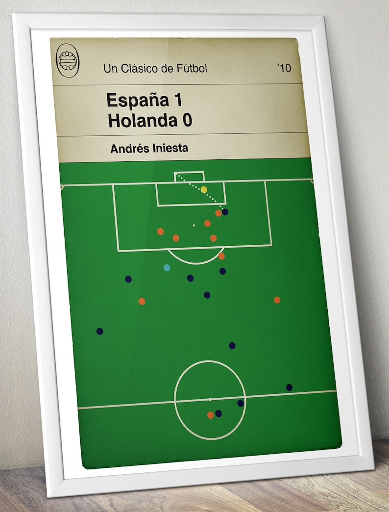 May include: An illustrated football pitch in green and white with orange and blue circles representing players. The text reads "Un Cl&aacute;sico de F&uacute;tbol '10 Espa&ntilde;a 1 Holanda 0 Andr&eacute;s Iniesta".