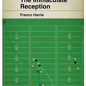 May include: A green football field with white yard lines and black and gray dots representing players. The text "The Immaculate Reception" is at the top of the image, with "Franco Harris" below it. The year "'72" is in the top right corner.