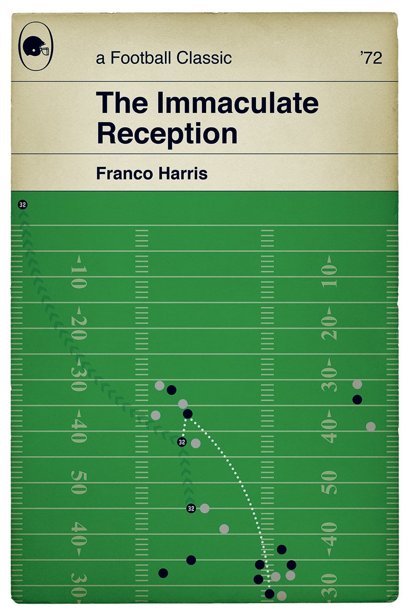 May include: A green football field with white yard lines and black and gray dots representing players. The text "The Immaculate Reception" is at the top of the image, with "Franco Harris" below it. The year "'72" is in the top right corner.