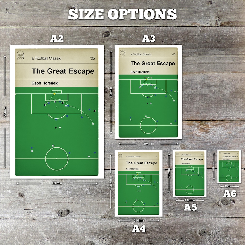 May include: A collection of football-themed art prints in various sizes, including A2, A3, A4, A5, and A6. Each print features a green field diagram with player positions and the title "The Great Escape" by Geoff Horsfield. The prints are displayed on a wooden surface.