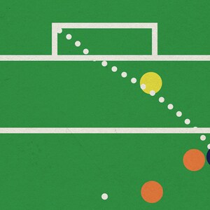 May include: A green field with a white football goal and a yellow ball flying through the air. There are orange and blue balls on the ground.