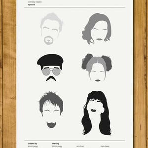 May include: Black and white illustration of the main characters from the comedy series "Spaced". The characters are Simon Pegg, Jessica Stevenson, Nick Frost, and Mark Heap. The text "comedy classic spaced" is at the top of the image.
