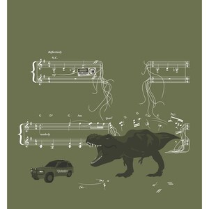 May include: A green and white illustration of a Tyrannosaurus Rex roaring with a Jeep in front of it. The illustration is set against a green background with musical notes and the text "MAIN THEME FROM "JURASSIC PARK"" and "JOHN WILLIAMS".