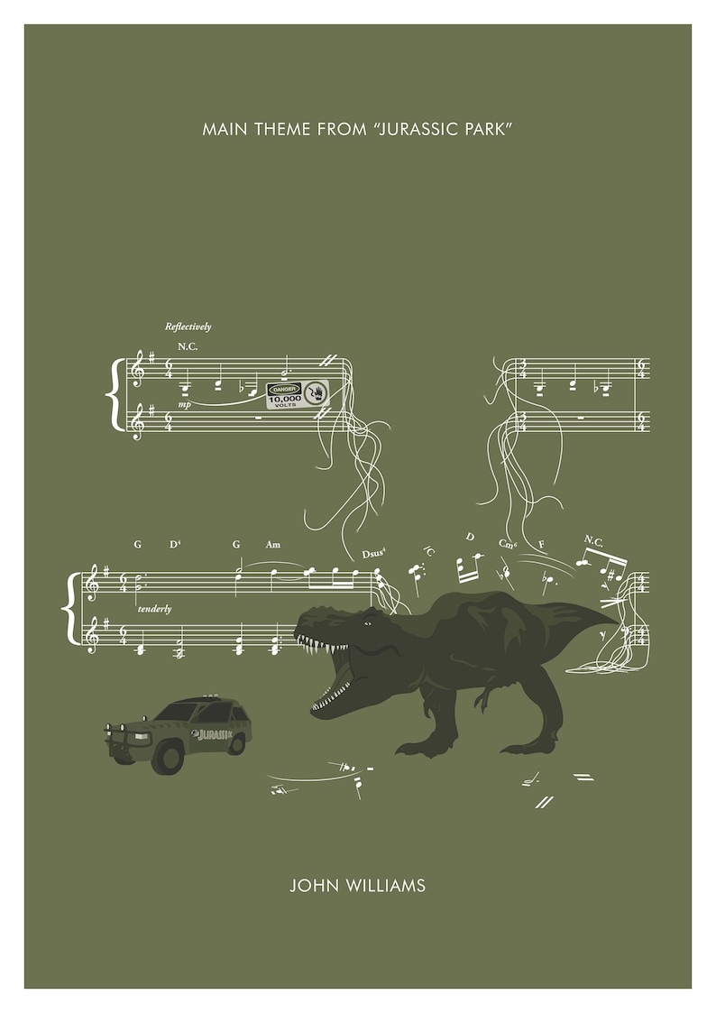 May include: A green and white illustration of a Tyrannosaurus Rex roaring with a Jeep in front of it. The illustration is set against a green background with musical notes and the text "MAIN THEME FROM "JURASSIC PARK"" and "JOHN WILLIAMS".