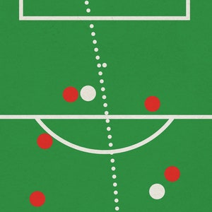 May include: A green soccer field with a white goal, a white dotted line, and red and white soccer balls. A black soccer ball is at the bottom of the field.