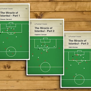 May include: Three green and white book covers with a football pitch illustration and text that reads "a Football Classic The Miracle of Istanbul - Part 1 Steven Gerrard 105", "a Football Classic The Miracle of Istanbul - Part 2 Vladimir Smicer 105", and "a Football Classic The Miracle of Istanbul - Part 3 Xabi Alonso 05".