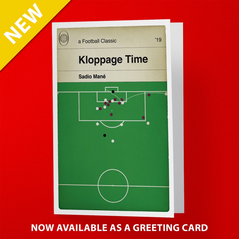 May include: A green and white football field with a soccer ball and players in a cartoon style. The text "Kloppage Time" is at the top of the image, with the text "Sadio Man&eacute;" below it. The text "a Football Classic" is at the top left of the image, and the text "'19" is at the top right of the image.