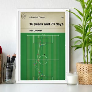 May include: Framed print with a football field diagram. The top section reads "a Football Classic" and "16 years and 73 days." The field is green with a dotted line showing a play. A plant in a woven basket and a white mug are in the background.