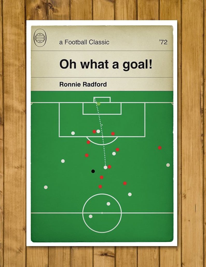 May include: A green and white football field with a black and white soccer ball in the center. The text "Oh what a goal!" is at the top of the image, with the text "Ronnie Radford" below it. The text "a Football Classic '72" is at the top right corner of the image.