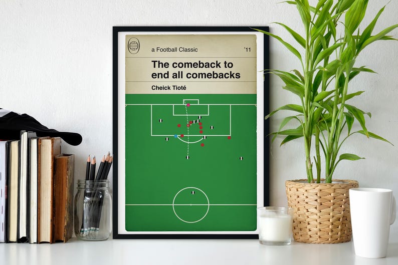 Newcastle equaliser v Arsenal illustrated as a classic book cover. The goal is shown with coloured circles to depict players positions on the pitch. The title of the book is the commentary and the author of the book is the goalscorer Cheick Tiote.