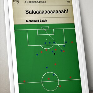 以下が含まれることがあります： 緑と白のサッカーフィールドに、赤と青の円が選手を表しています。画像の上部に「Salaaaaaaaaaaah!」というテキストがあり、その下に「Mohamed Salah」というテキストがあります。画像の上部に「a Football Classic '19」というテキストがあります。