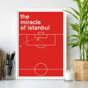 May include: A red and white minimalist poster with the text "the miracle of istanbul" and a simple illustration of a soccer field with a goal and a ball.