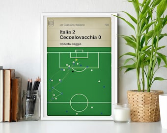 May include: A white framed print of a vintage-style soccer game illustration. The title reads "Italia 2 Cecoslovacchia 0" with the text "un Classico Italiano" and "Roberto Baggio" below. The illustration shows a green soccer field with players in blue and yellow jerseys.