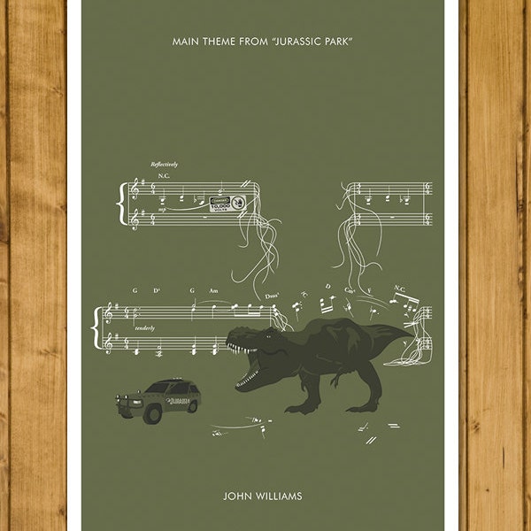 Thème principal de Jurassic Park par John Williams - impression de la bande originale - affiche de classiques du cinéma - T Rex - cadeau Jurassic Park (différentes tailles)