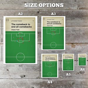 May include: A chart showing different sizes of prints for a football poster. The poster features a green soccer field with players in red and white uniforms. The text on the poster reads "a Football Classic The comeback to end all comebacks Cheick Tiot&eacute; 11". The sizes shown are A6, A5, A4, A3, and A2. The measurements are in millimeters.
