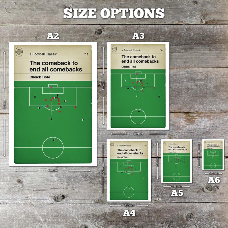 May include: A chart showing different sizes of prints for a football poster. The poster features a green soccer field with players in red and white uniforms. The text on the poster reads "a Football Classic The comeback to end all comebacks Cheick Tiot&eacute; 11". The sizes shown are A6, A5, A4, A3, and A2. The measurements are in millimeters.