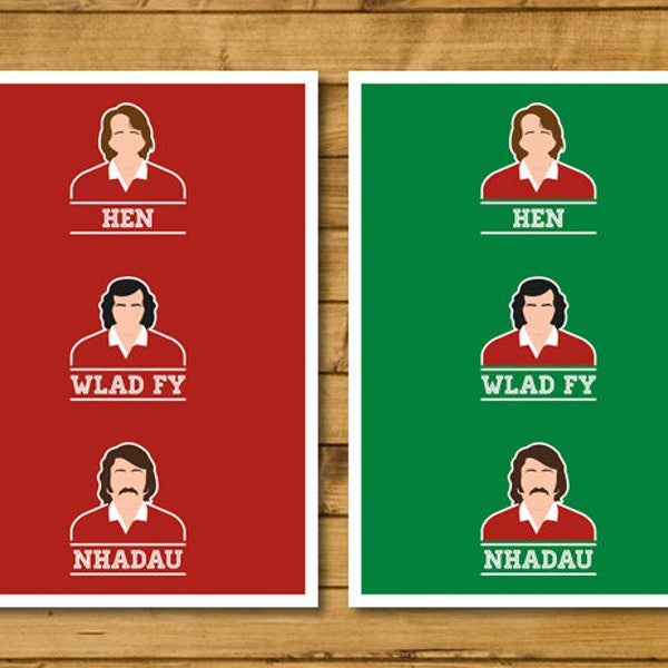 Rugby Poster - Wales Rugby Legends - Hen Wlad Fy Nhadau - JPR Williams, Gareth Edwards and Gerald Davies - Red or Green (Various Sizes)