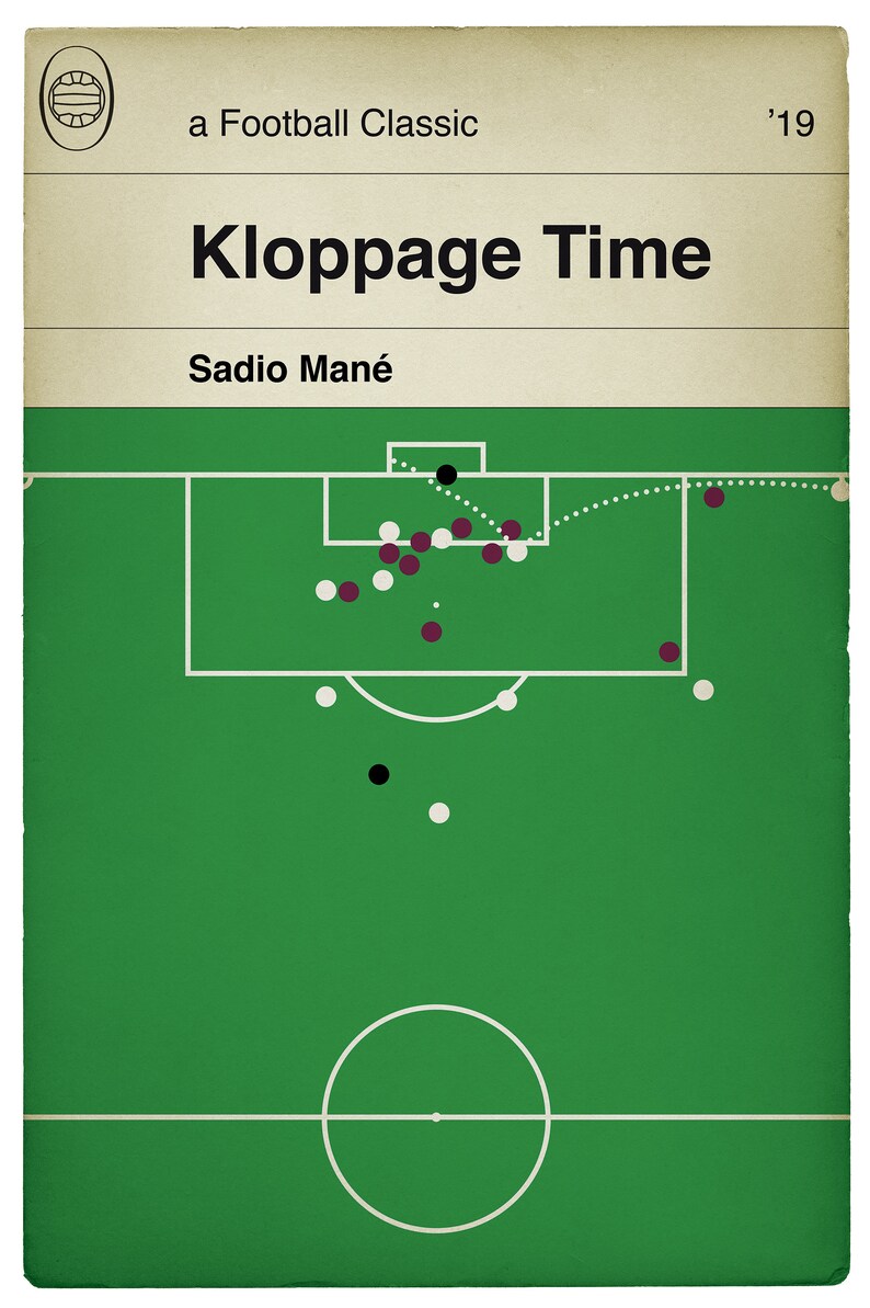 May include: A green and white illustration of a football field with players in black and maroon circles. The text "Kloppage Time" is at the top of the image, and "Sadio Man&eacute;" is below the field. The text "a Football Classic '19" is at the top of the image.