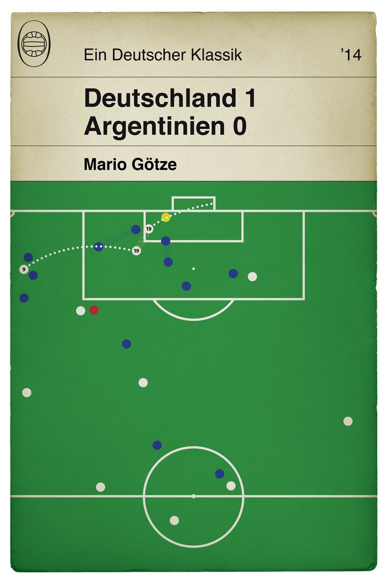 May include: A green soccer field with white lines and a white circle in the center. There are blue and white circles representing players on the field. The text "Deutschland 1 Argentinien 0" is at the top of the image. The text "Ein Deutscher Klassik '14" is above the score. The text "Mario G&ouml;tze" is below the score.