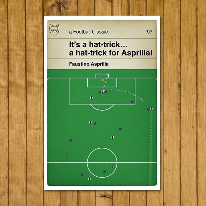 May include: A green and white illustration of a soccer field with players in black and white uniforms. The text "It's a hat-trick... a hat-trick for Asprilla!" is at the top of the image. The text "Faustino Asprilla" is below the field. The text "'97" is in the top right corner of the image.